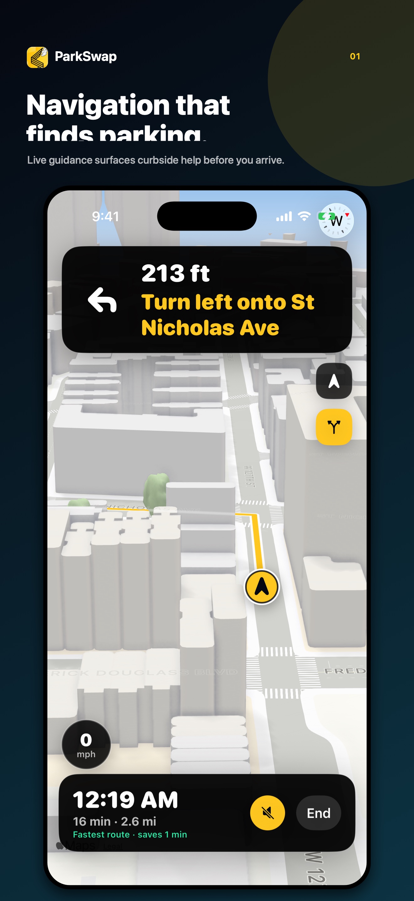 ParkSwap live street-following navigation and automatic parking discovery on iPhone