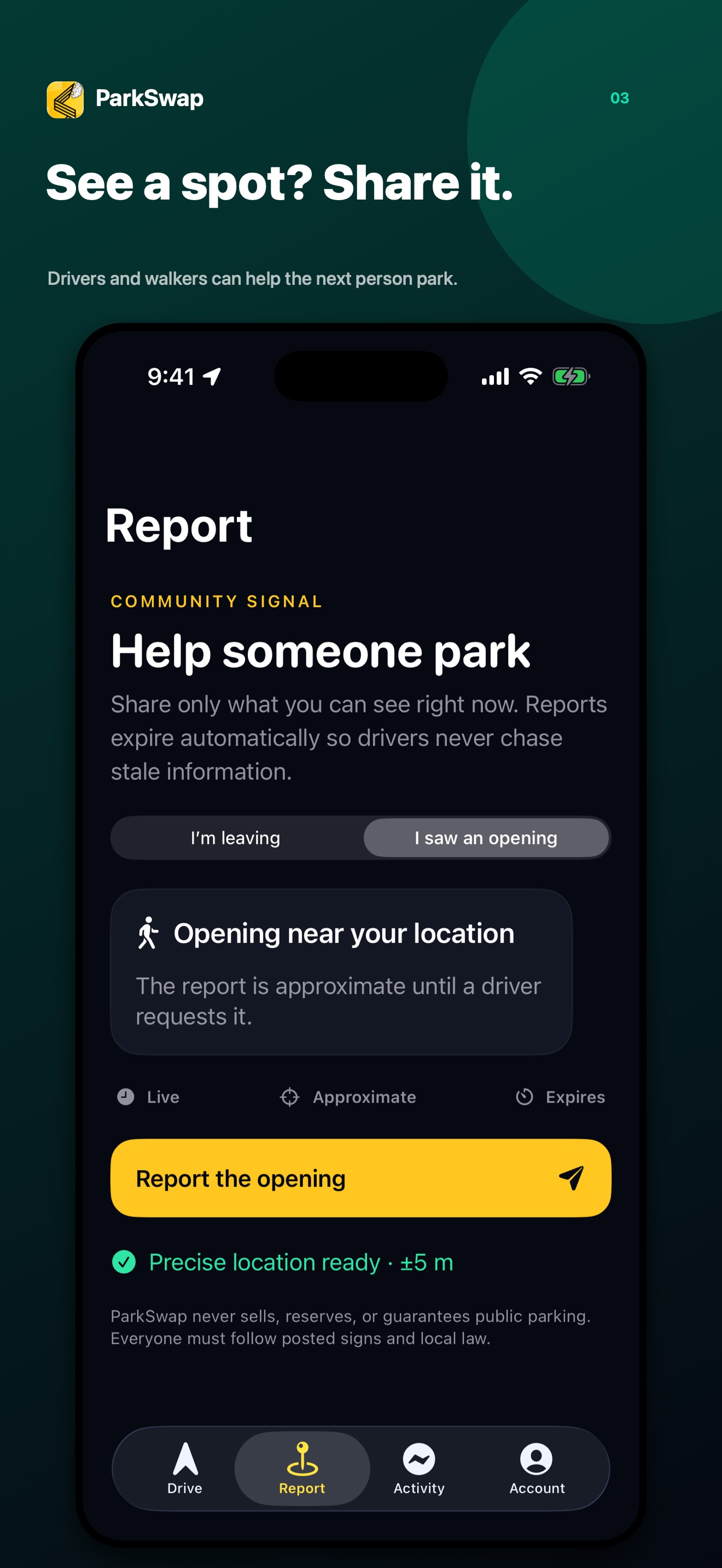 Reporting an open parking space in ParkSwap