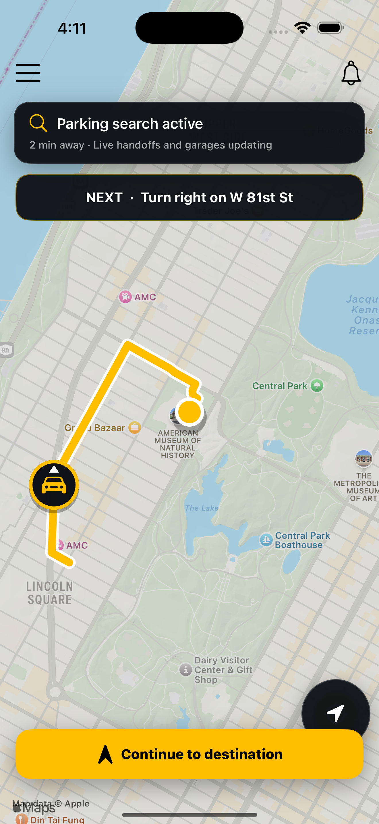 ParkSwap route guidance approaching the American Museum of Natural History
