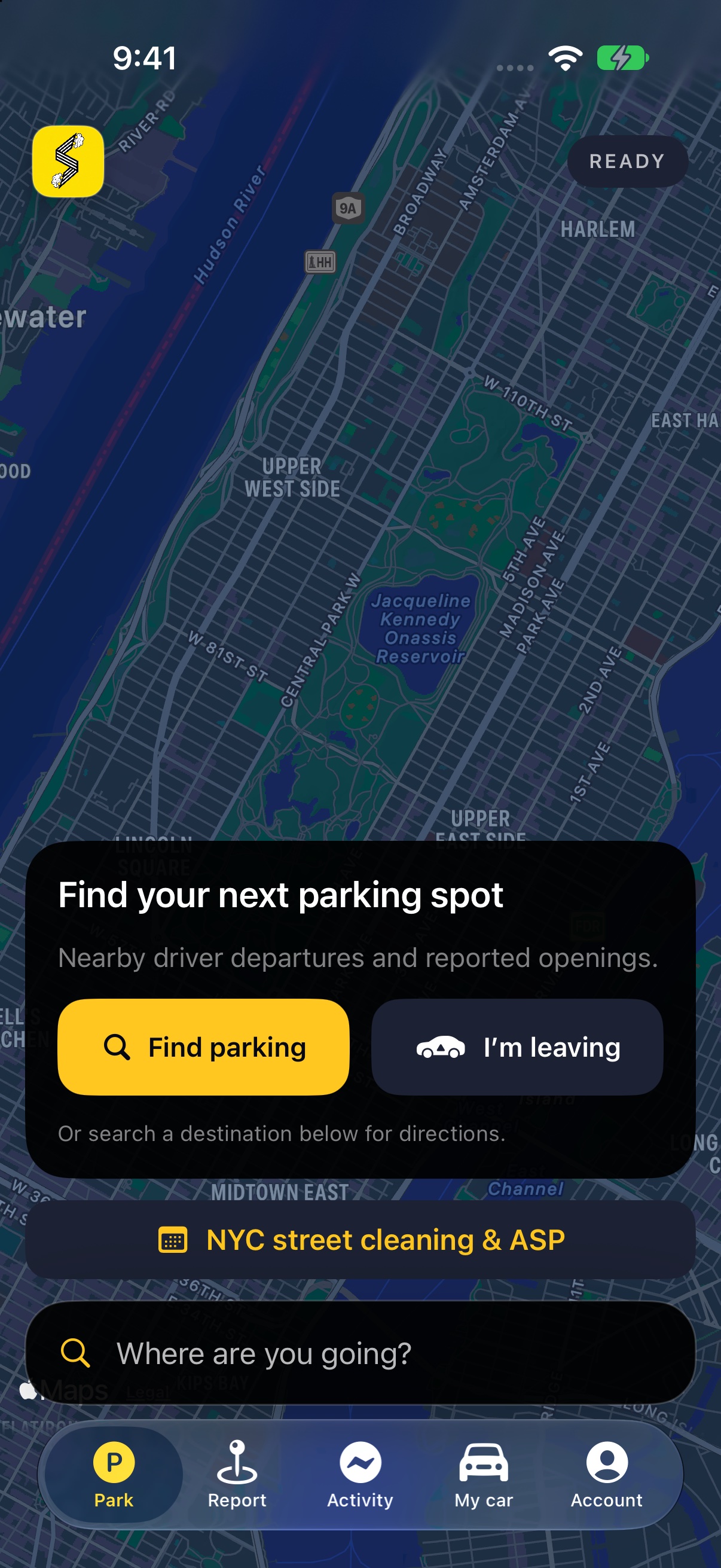 Upcoming ParkSwap update: NYC map with Find Parking and I'm Leaving actions