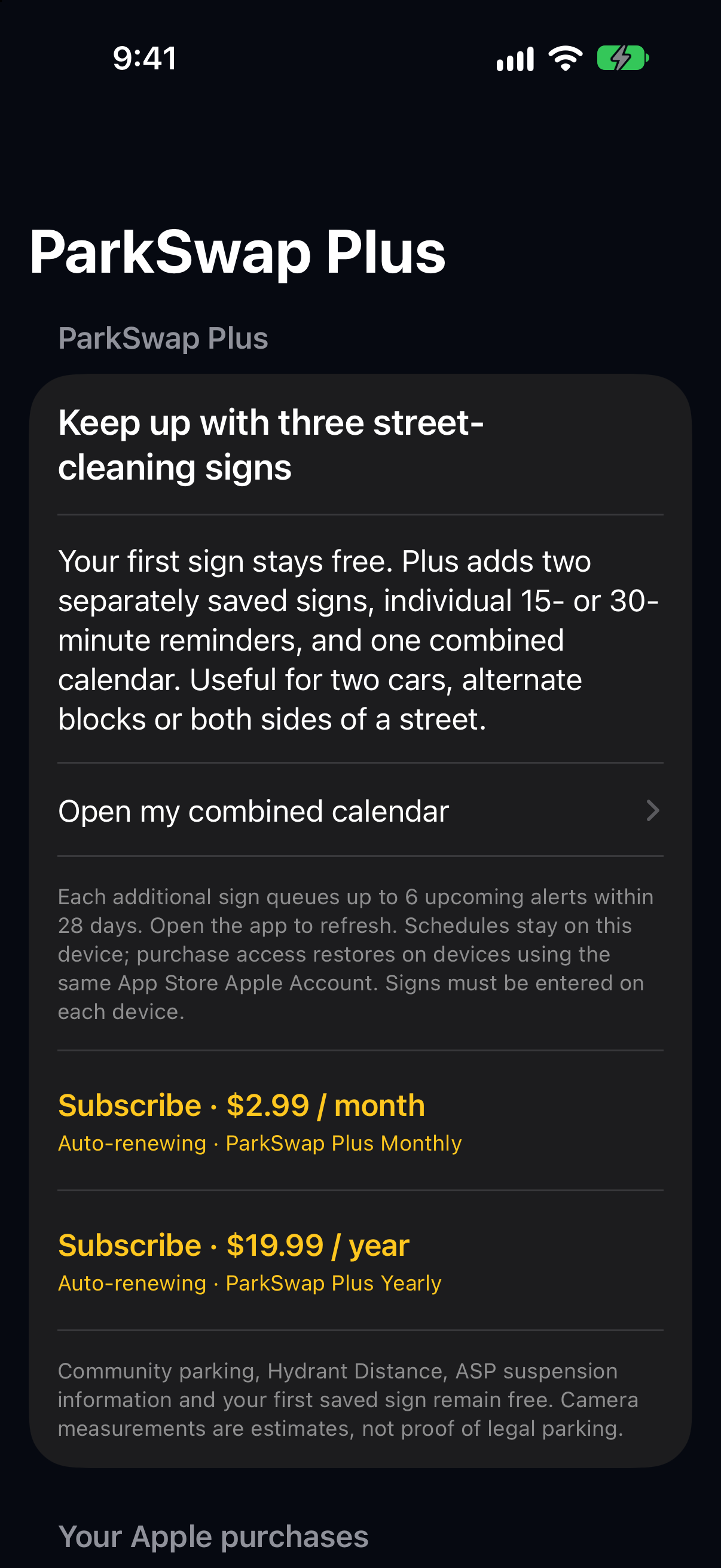 Unreleased ParkSwap Plus screen explaining two additional street-cleaning signs, reminders and monthly or annual Apple subscriptions