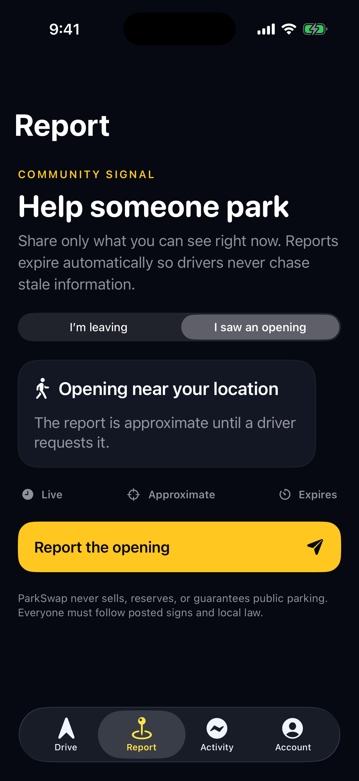 ParkSwap screen for reporting a nearby open parking space