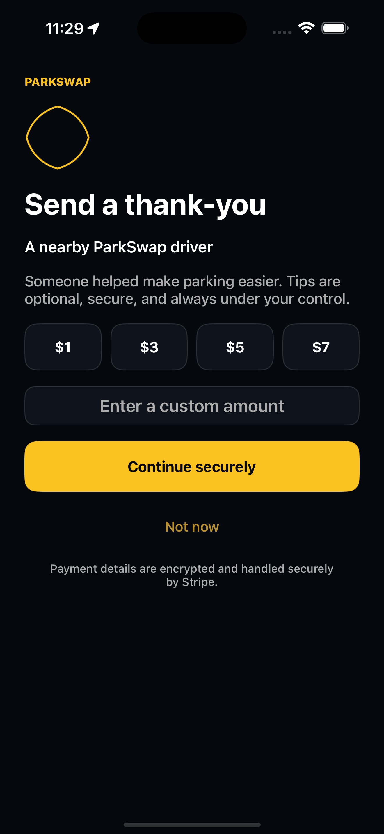 ParkSwap secure thank-you payment screen on iPhone