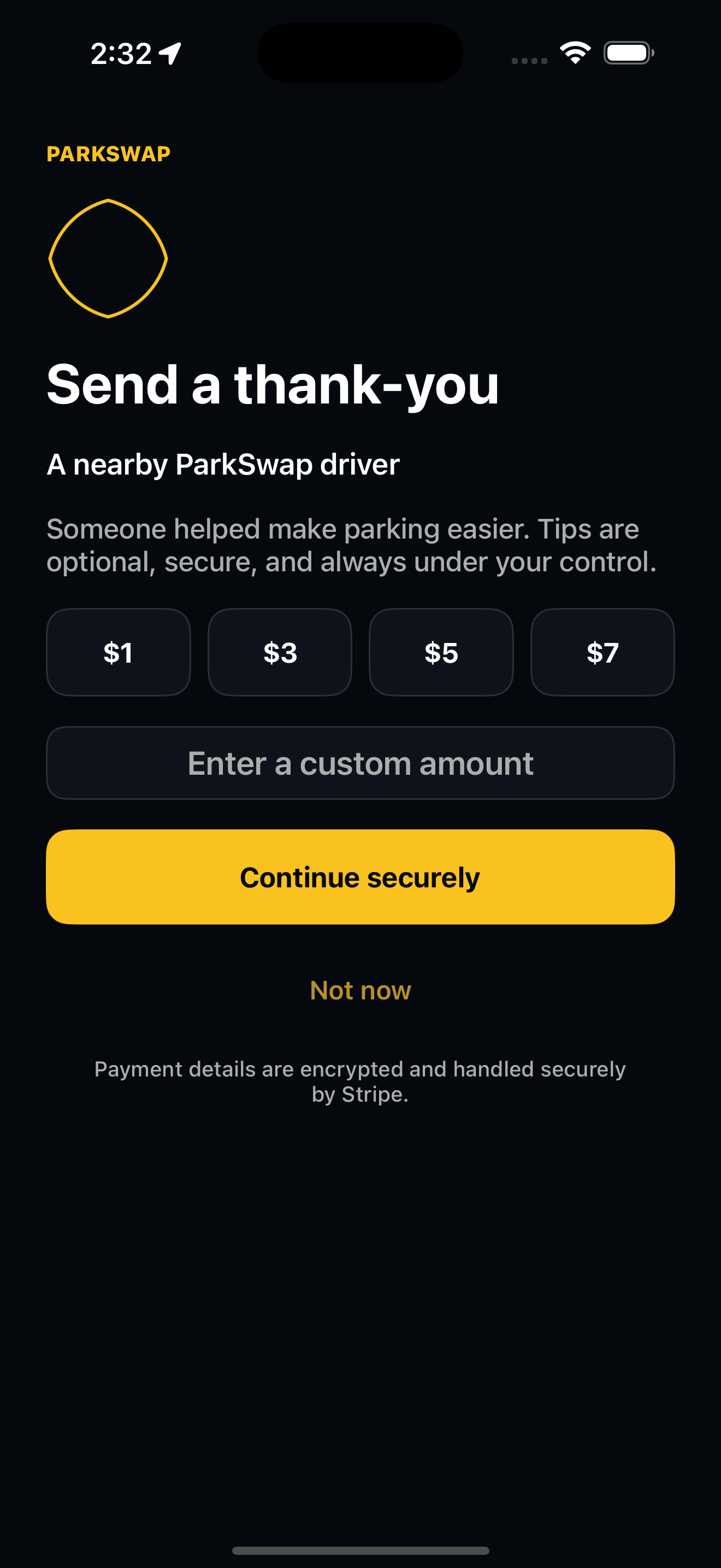 ParkSwap optional secure thank-you payment screen